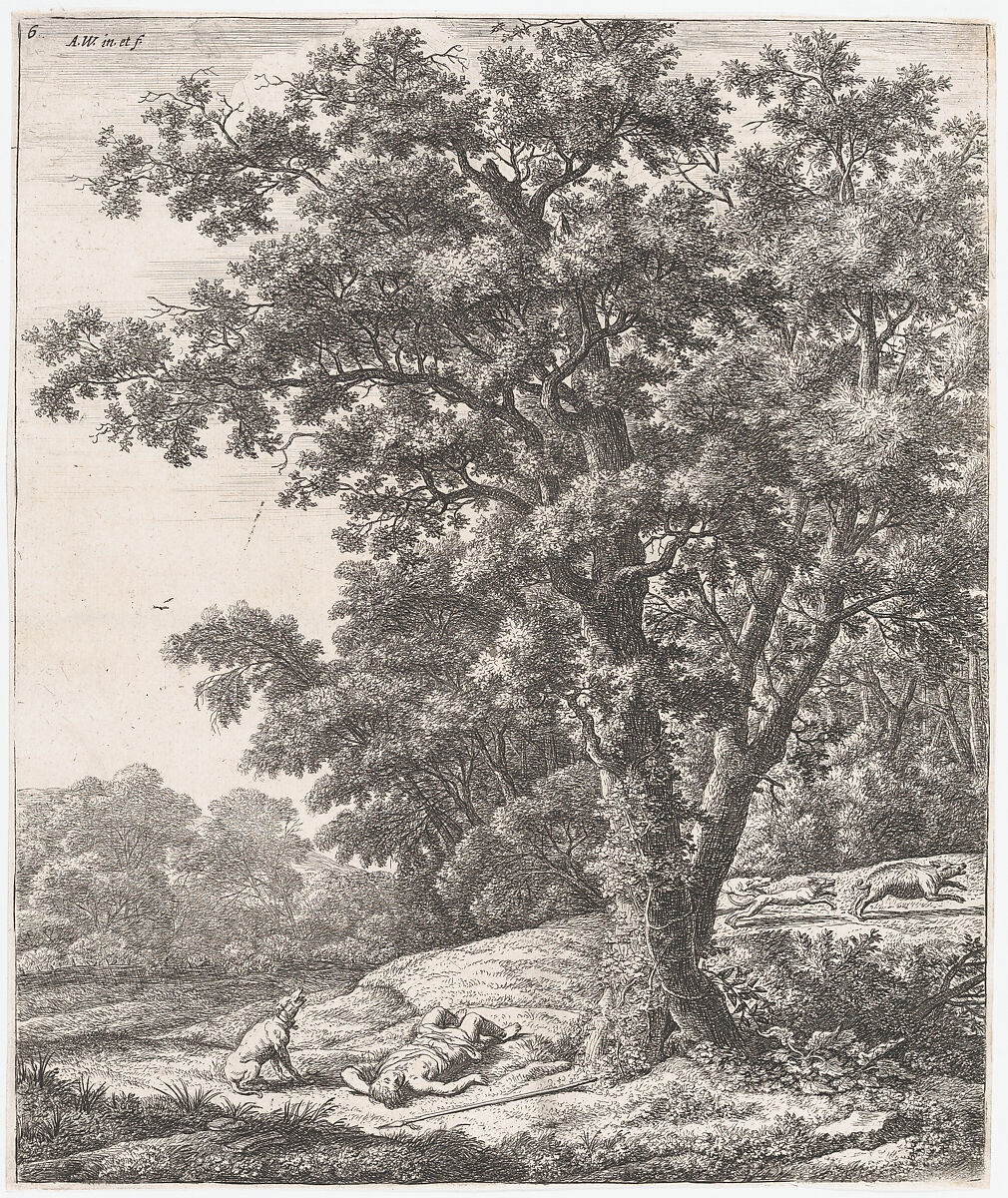Landscape with the Death of Adonis, from "Six Mythological Scenes", Anthonie Waterloo (Dutch, Lille 1609–1690 Utrecht), Etching