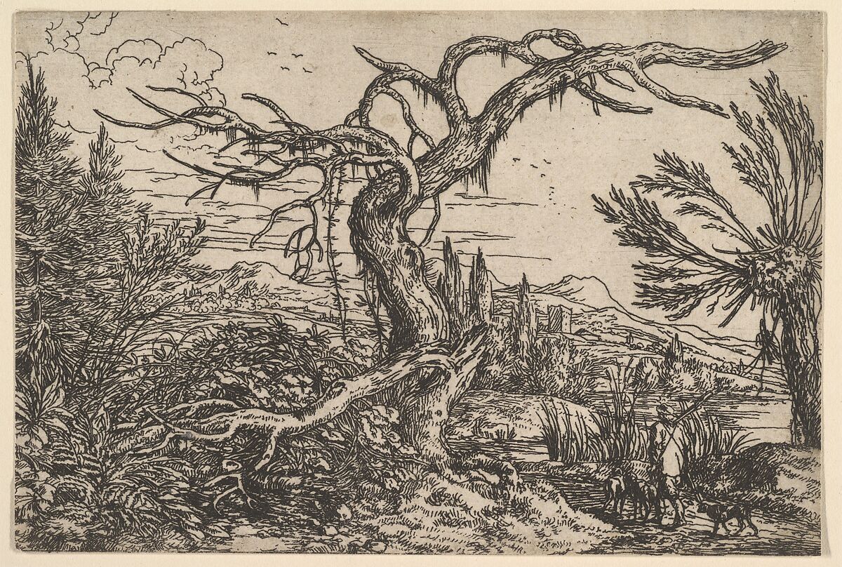 Landscape with a hunter and his dogs, Jonas Umbach (German, Augsburg 1624–1693 Augsburg), Etching 
