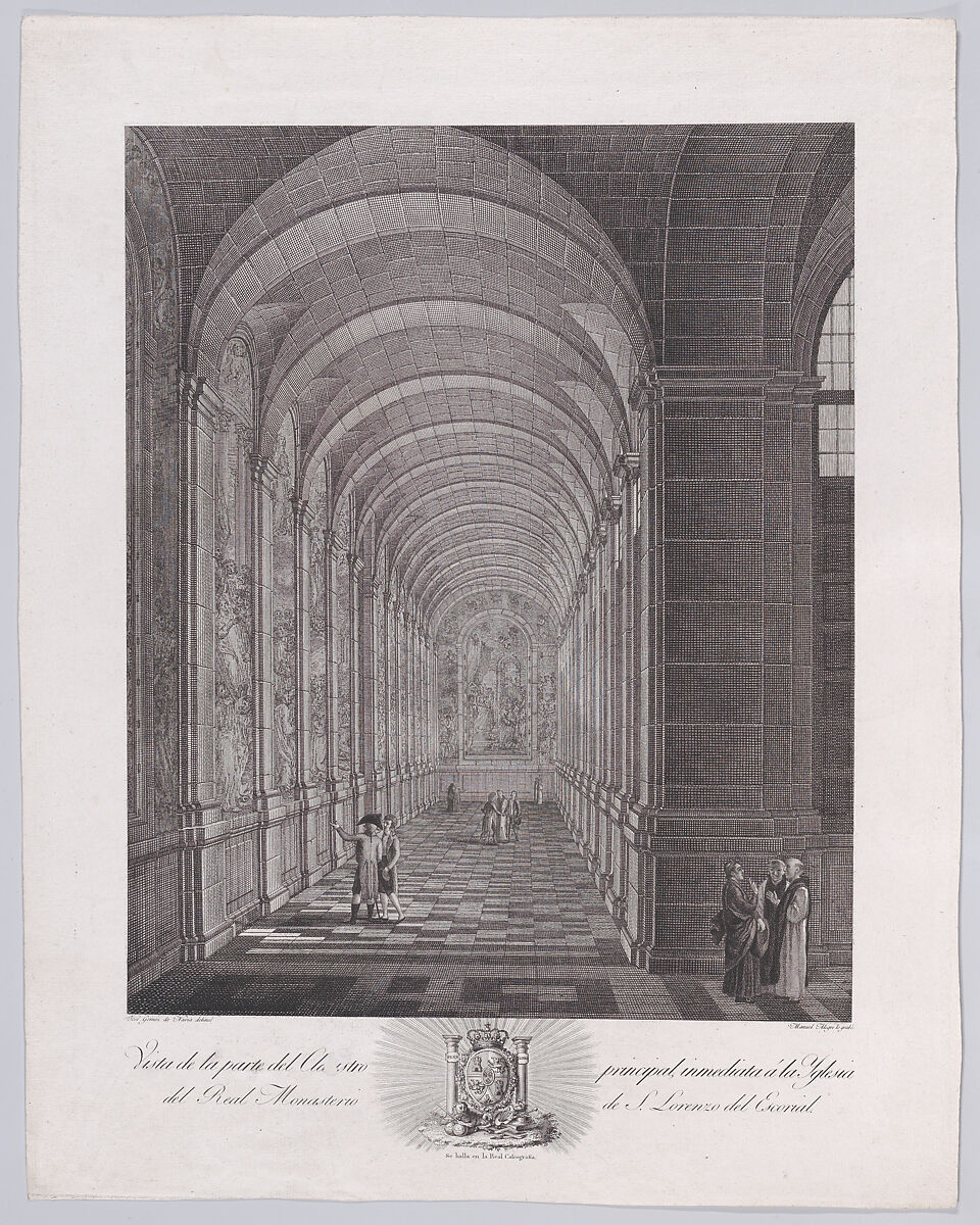 View of the cloister of the Church of the monastery of El Escorial, from a series of Views of El Escorial, Manuel Alegre (Spanish, born 1768), Etching and engraving 