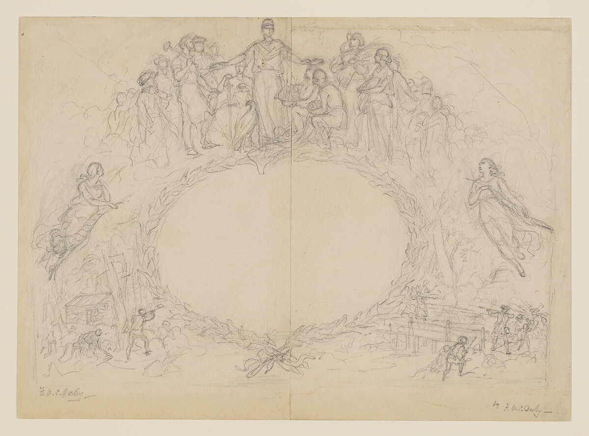 Allegorical cartouche, Felix Octavius Carr Darley (American, Philadelphia, Pennsylvania 1822–1888 Claymont, Delaware), Graphite 