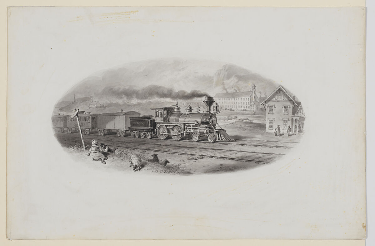 A train in a landscape, Felix Octavius Carr Darley (American, Philadelphia, Pennsylvania 1822–1888 Claymont, Delaware), Ink wash and white chalk highlights 