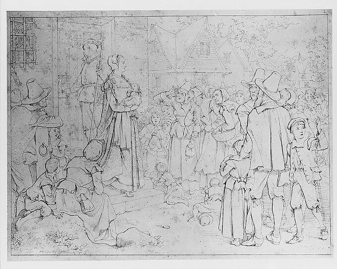 The Market Place, from Nathaniel Hawthorne's "The Scarlet Letter", Felix Octavius Carr Darley (American, Philadelphia, Pennsylvania 1822–1888 Claymont, Delaware), Pen and black ink with graphite and pale blue wash