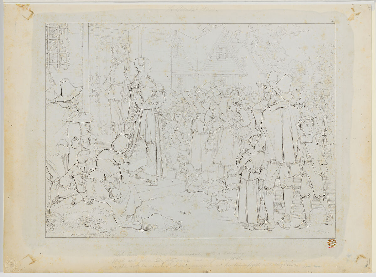 The Market Place, from Nathaniel Hawthorne's "The Scarlet Letter", Felix Octavius Carr Darley (American, Philadelphia, Pennsylvania 1822–1888 Claymont, Delaware), Pen and black ink with graphite and pale blue wash 