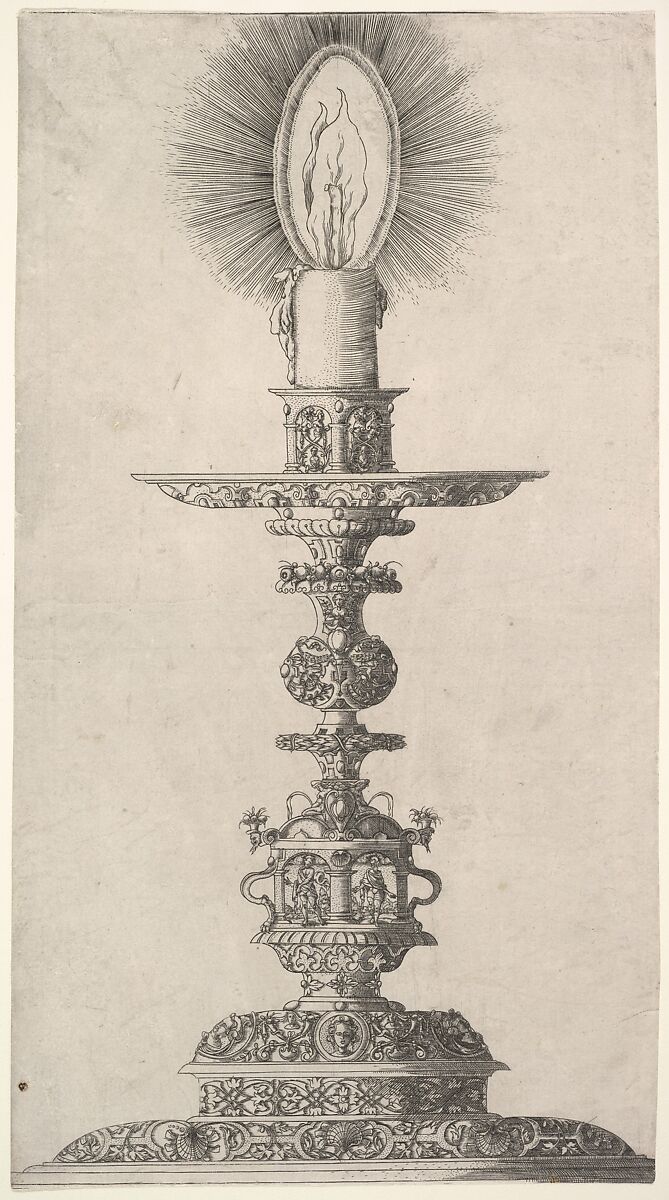Candlestick with Lighted Candle from: Insigne Ac Plane Novum Opus Cratero graphicum; Ein new kunnstbuch (...) von allerley trinnckgeschiren Credenntzen unnd Bechernn (...), Matthias Zündt (German, probably ca. 1498–1572 Nuremberg), Etching 