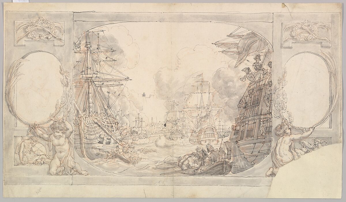 Study for the "Attack on Copenhagen", Edward Francis Burney (British, Worcester 1760–1848 London), Black chalk, pen and brown ink, brush and gray wash 