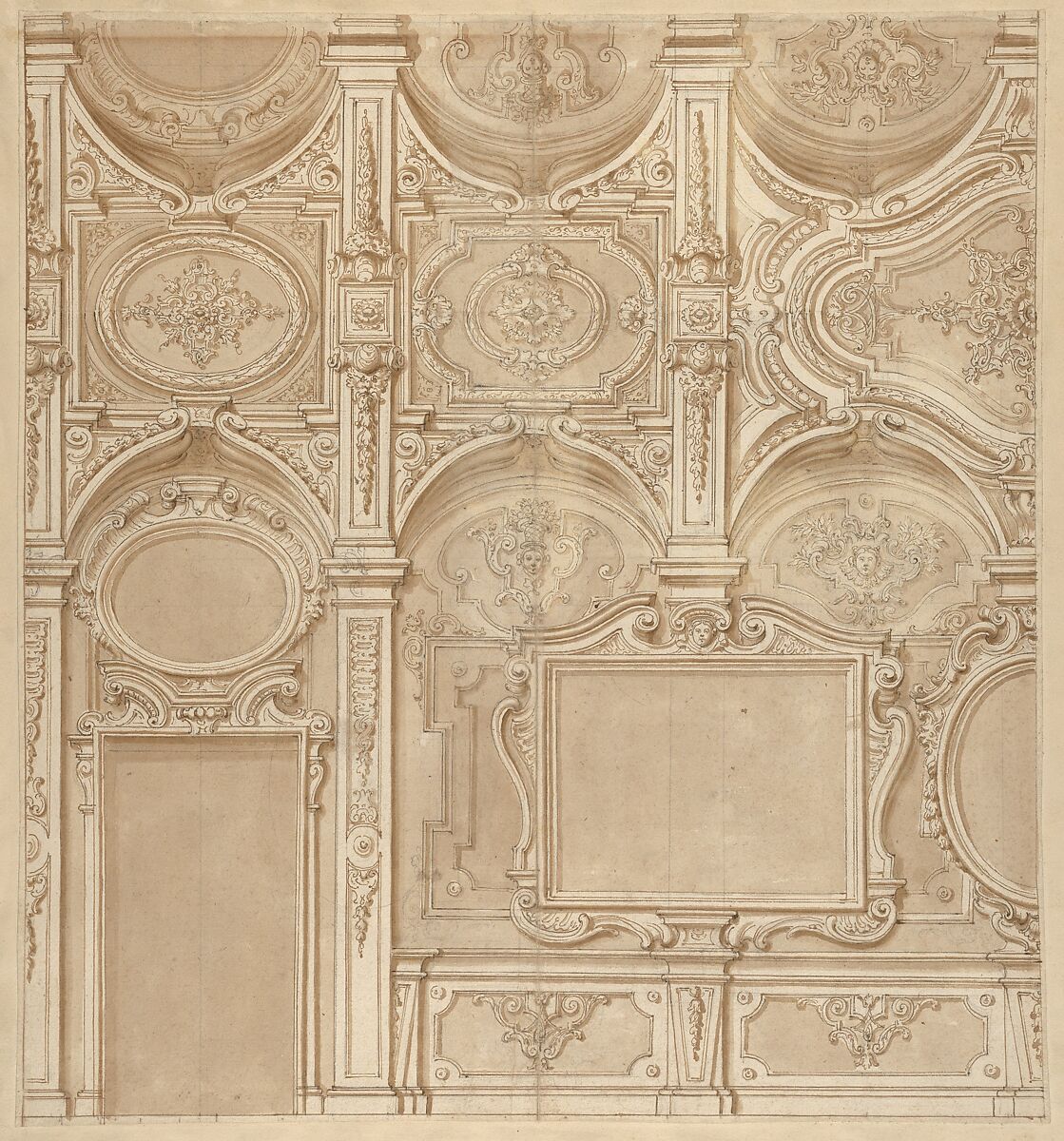 Design for a Wall and Ceiling with Frames and Decorations in Stucco, Anonymous, Italian, 18th century, Black chalk, pen and brown ink, brown wash 