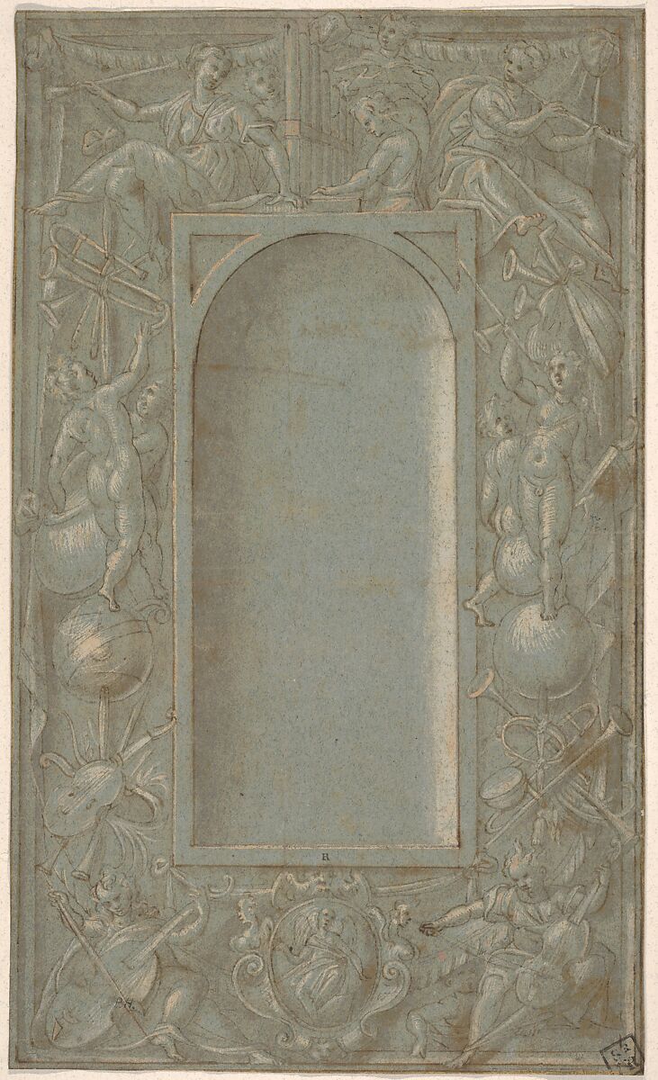 Niche Surrounded by a Decorative Frame Dedicated to the Theme of Music, Anonymous, Italian, Lombard, 16th century, Pen and gold-brown ink, brush and silver wash, heightened with white, on blue paper 