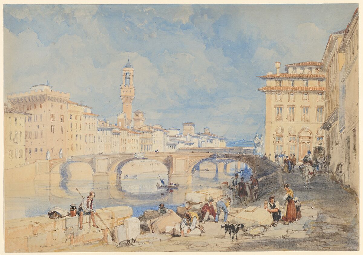 Ponte Santa Trinità, Florence, James Duffield Harding (British, Deptford, Kent 1797–1863 Barnes, Surrey), Watercolor and graphite 