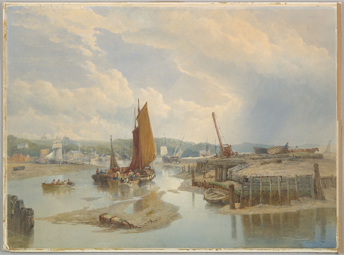 A town on an estuary at low tide, Edward Duncan (British, London 1803–1882 London), Watercolor with gum arabic, over graphite, heightened with touches of gouache (bodycolor) 
