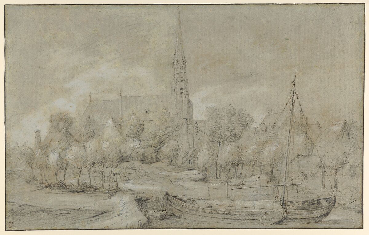 The Church of Saints Peter and Paul in Schelle, near Antwerp, seen from the North, with a Boat in the river Vliet, Anonymous, Flemish, 17th century, Black chalk, pen and brown ink, heightened with white gouache, on (faded) blue paper; framing lines in pen and black ink 