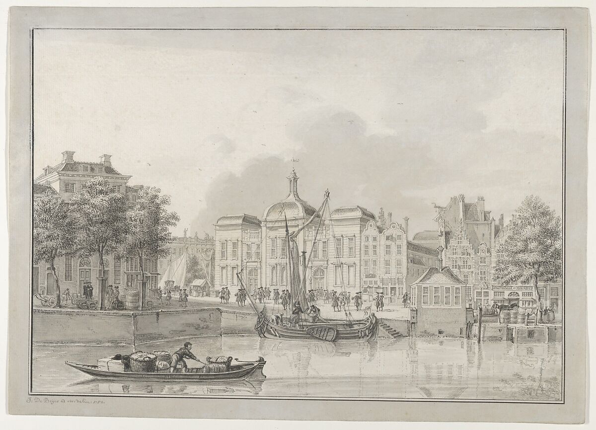The Old Stock Exchange (Koopmansbeurs), Rotterdam, seen from the East, with the Kolk and the Beursplein in the Foreground, Jan de Beijer (Dutch, born Switzerland, Aarau 1703–1780 Cleves (?)), Black chalk, pen and black ink, brush and gray wash; framing lines in pen and black ink; framing lines in pen and black ink and brush and gray wash, by the artist 