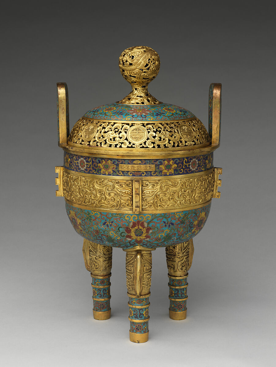 Tripod incense burner, Cloisonné enamel, gilt bronze, China