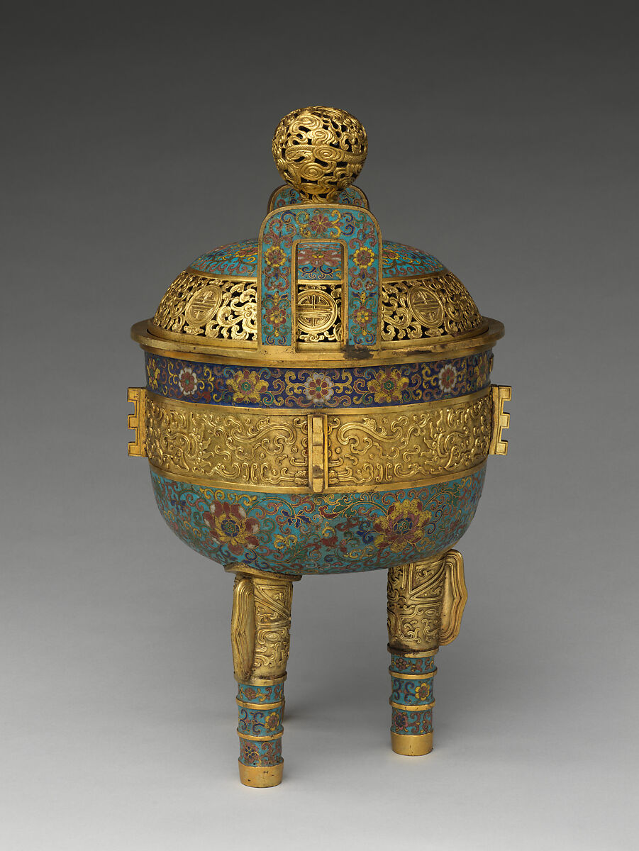 Tripod incense burner, Cloisonné enamel, gilt bronze, China