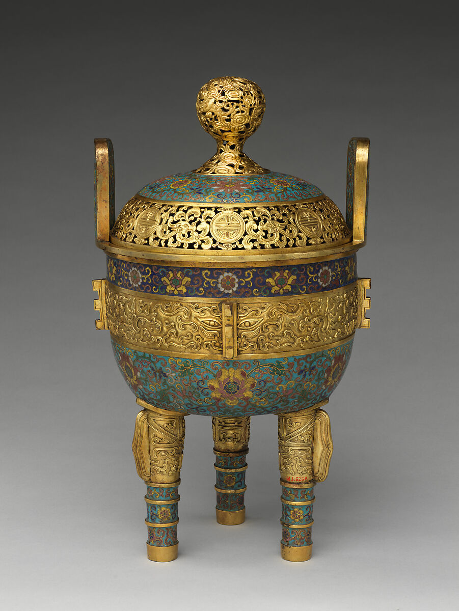 Tripod incense burner, Cloisonné enamel, gilt bronze, China 