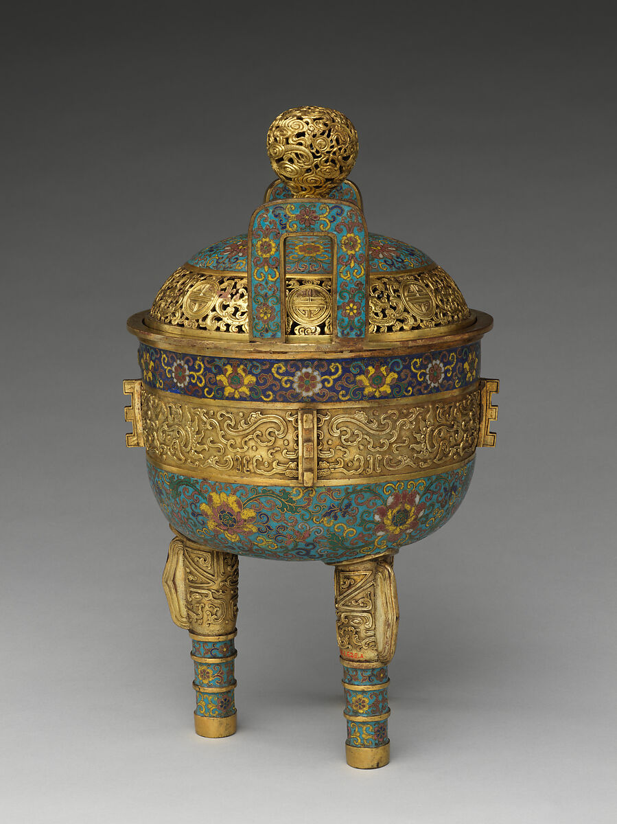 Tripod incense burner, Cloisonné enamel, gilt copper alloy, China