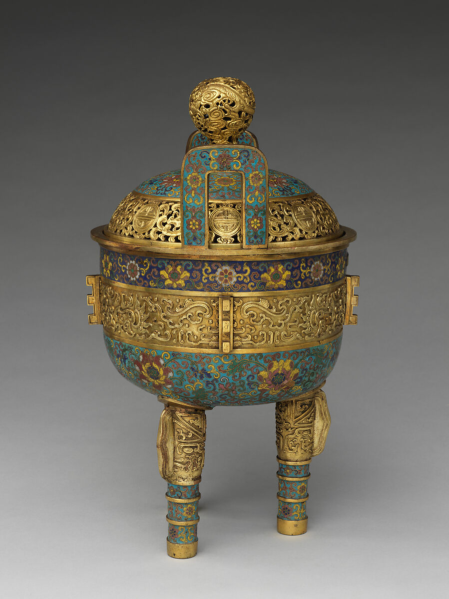 Tripod incense burner, Cloisonné enamel, gilt copper alloy, China