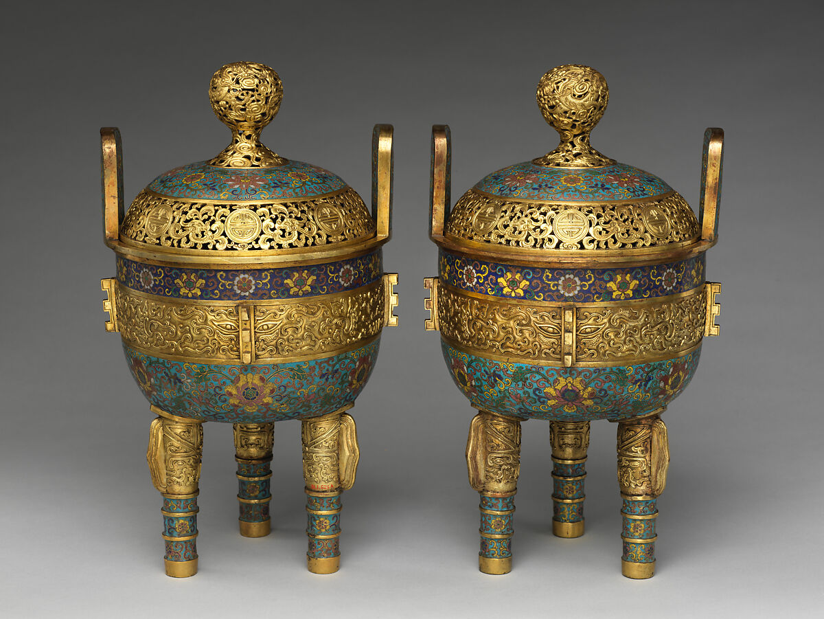 Tripod incense burner, Cloisonné enamel, gilt copper alloy, China