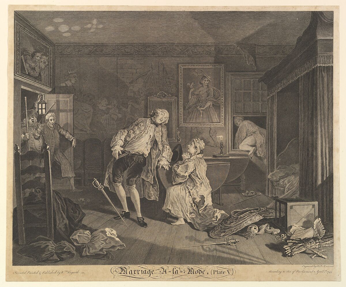 Marriage A-la-Mode, Plate V, Simon Francis Ravenet, the elder (French, Paris 1706–1774 London), Etching and engraving; second state of four 