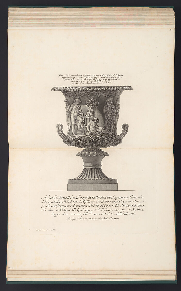 Large marble vase decorated with a relief of the sacrifice of Iphigenia, from "Vasi, candelabri, cippi, sarcofagi, tripodi, lucerne, ed ornamenti antichi disegnati ed incisi dal Cav. Gio. Batt. Piranesi, Vol. II" (Vases, candelabra, grave stones, sarcophagi, tripods, lamps, and ornaments designed and etched by Cavalieri Giovanni Battista Piranesi), Giovanni Battista Piranesi  Italian, Etching