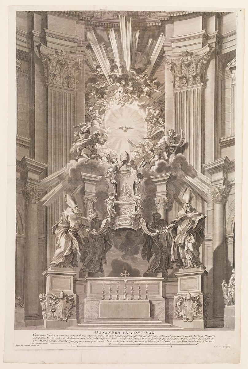 Cathedram S. Petri in interiore templi fronte...Plate 41 from the Album 'Basilica di S. Pietro in Vaticano', François Spierre (French, Nancy 1639–1681 Marseilles), Engraving (two plates) 