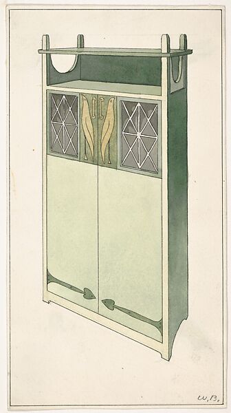 Bird Cupboard for The Living Room and the Hall (Bradley House, "Ladies' Home Journal," XIX, March 1902), William Henry Bradley (American, Boston, Massachusetts 1868–1962 La Mesa, California), Preliminary graphite, ink, colored ink washes 