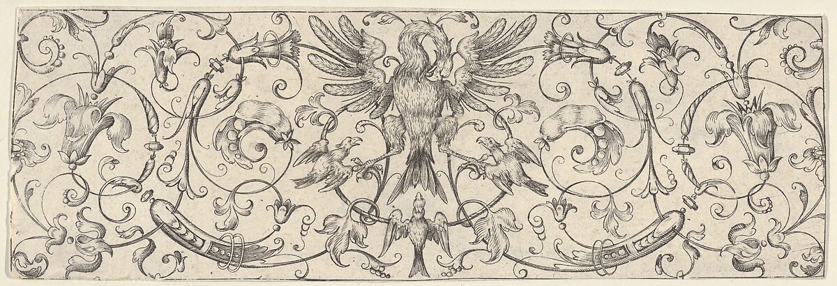 Friezes with Birds, Flowers and Meandering Wreaths and Scrolls (5), Theodor Bang (German, active in Nuremberg (fl.1606)), Etching 