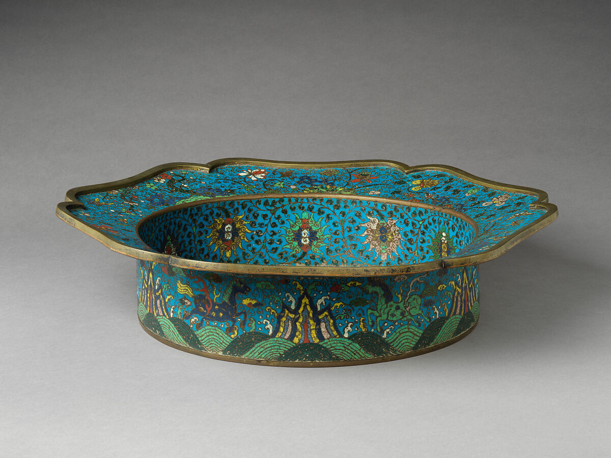 Basin with scene of Daoist immortals, Cloisonné enamel, China 