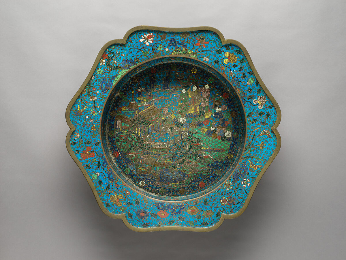 Basin with scene of Daoist immortals, Cloisonné enamel, China