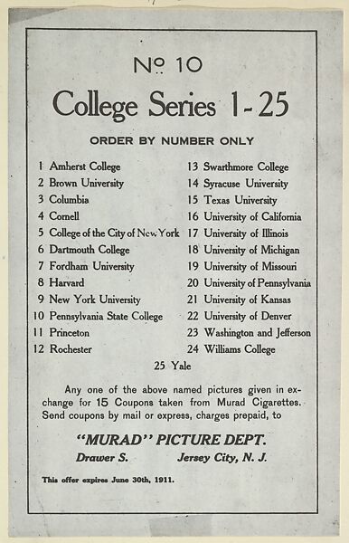 No. 10, College Series 1-25, version two of card back, part of College Series cabinet cards (T6), Murad Cigarettes, Chromolithograph with hand-coloring 