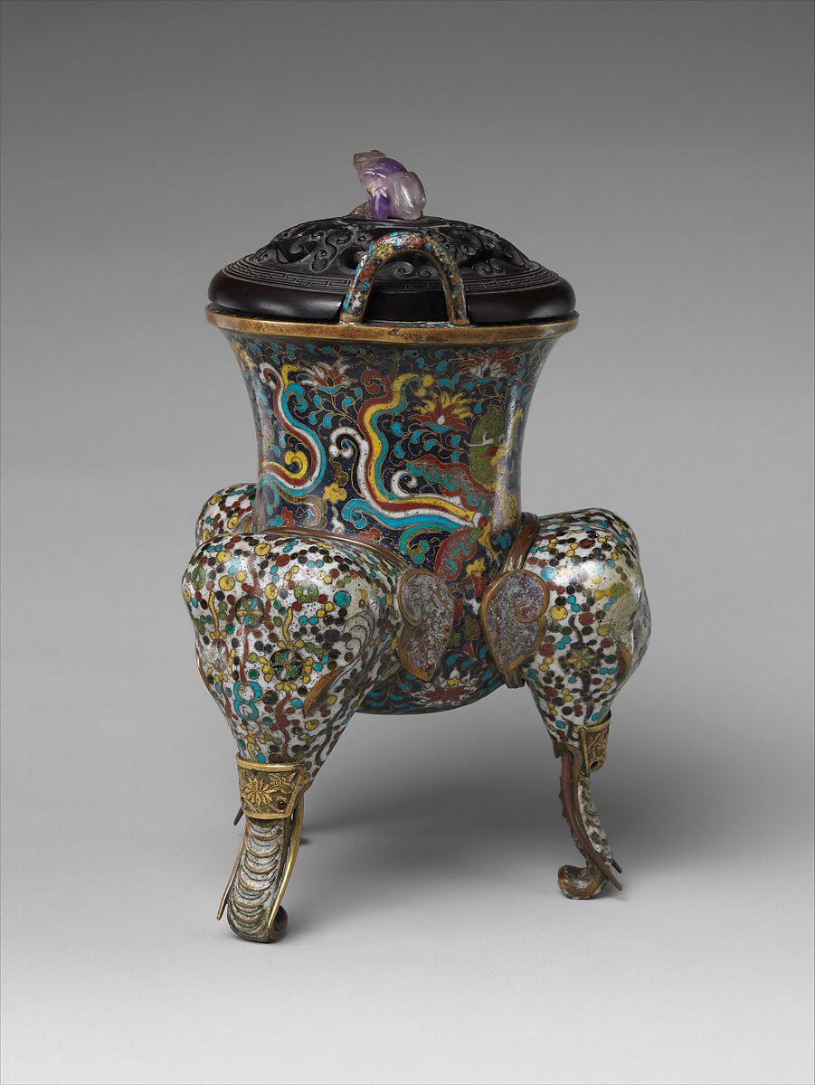Tripod incense burner with makara, Cloisonné enamel, China