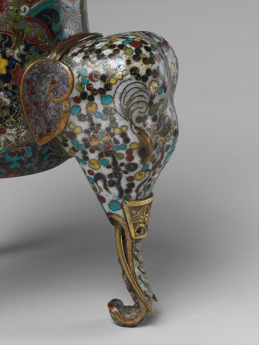 Tripod incense burner with makara, Cloisonné enamel, China