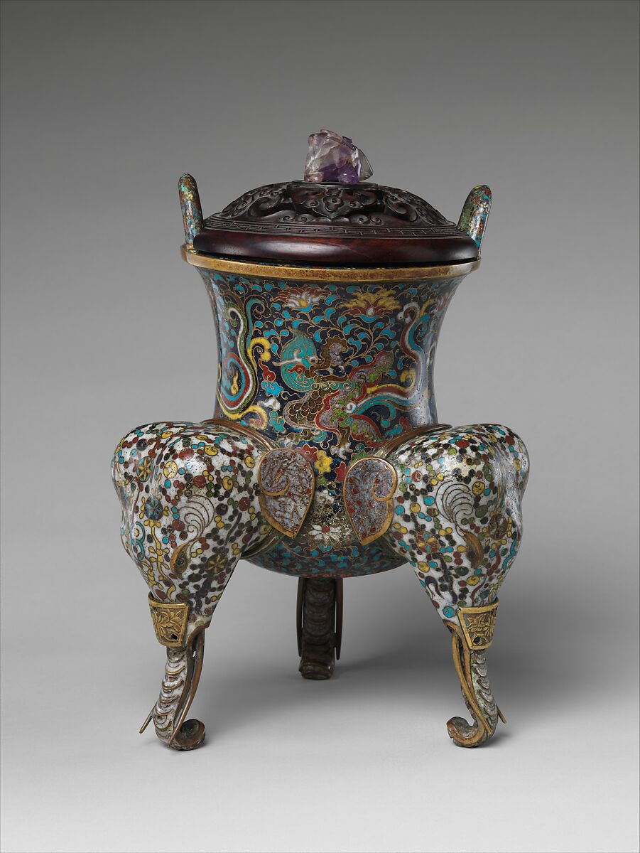 Tripod incense burner with makara, Cloisonné enamel, China