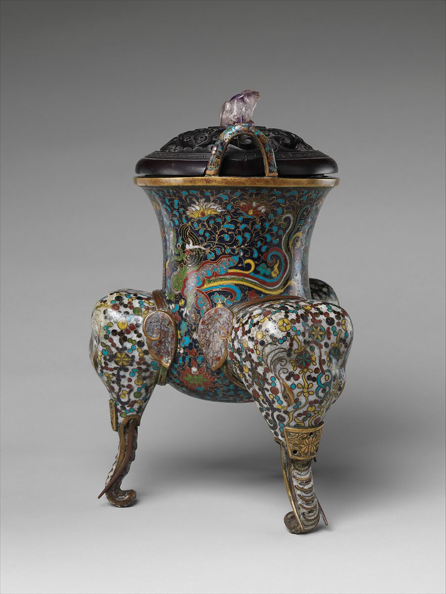Tripod incense burner with makara, Cloisonné enamel, China