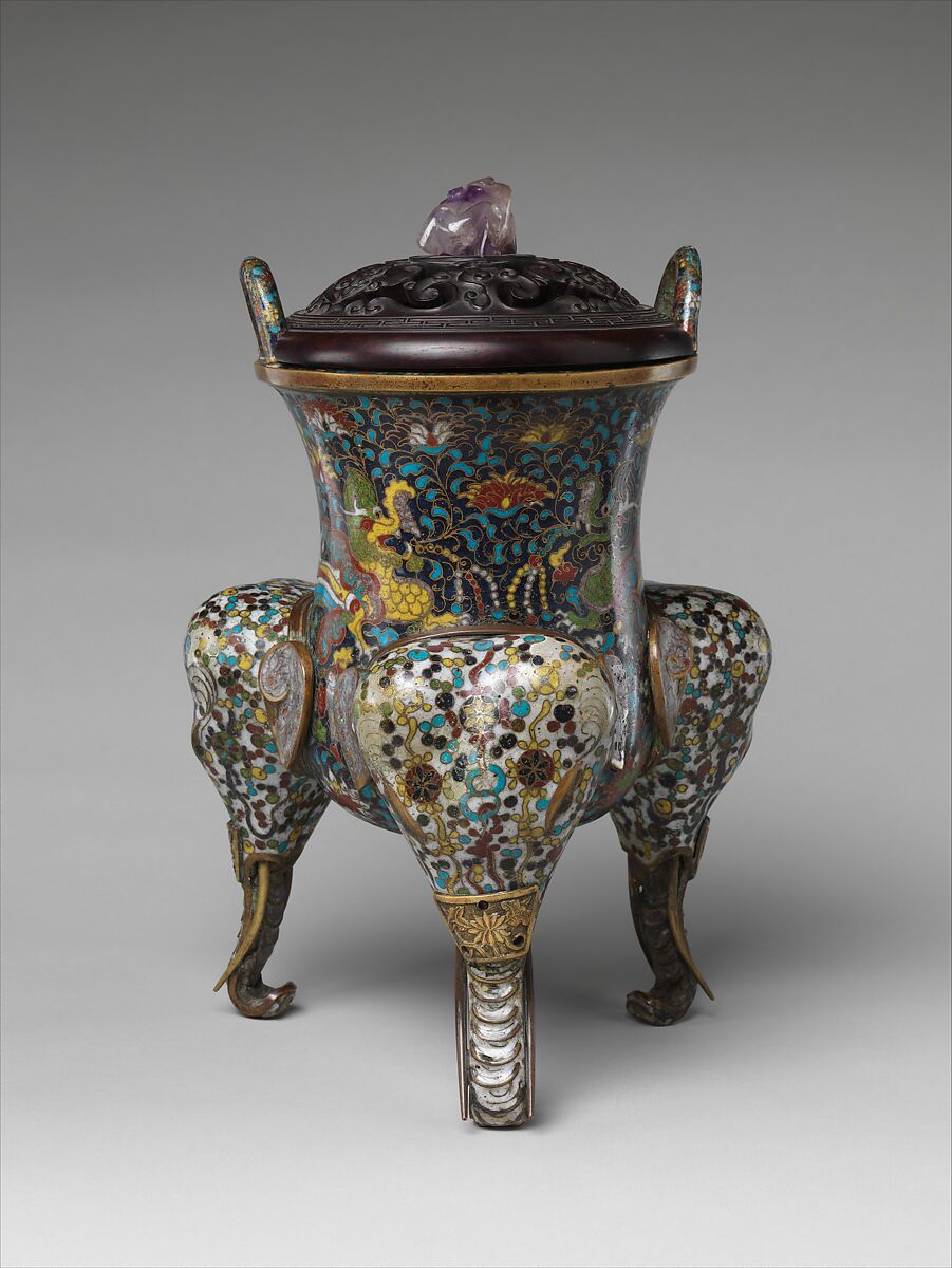 Tripod incense burner with makara, Cloisonné enamel, China