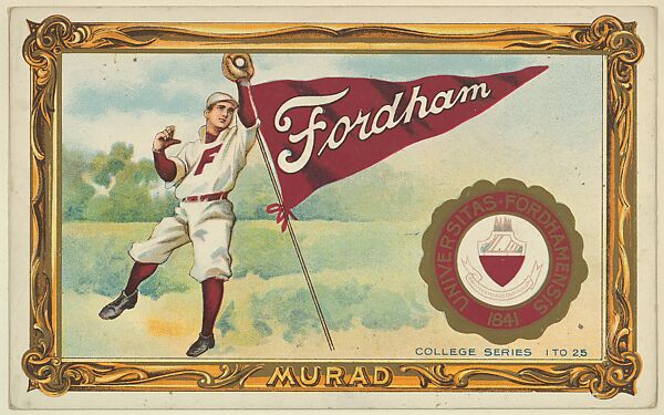 Fordham University, version one, part of the College Series cabinet cards (T6), Murad Cigarettes, Chromolithograph with hand-coloring 