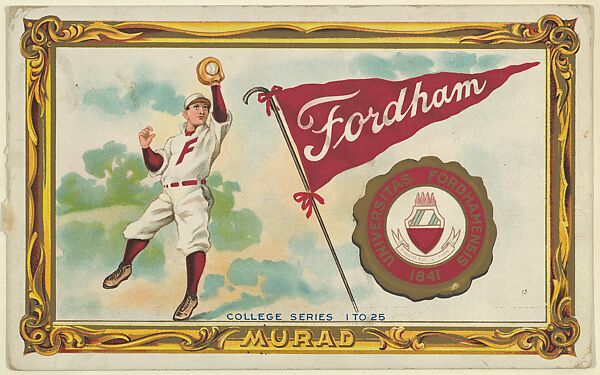 Fordham University, version two, part of the College Series cabinet cards (T6), Murad Cigarettes, Chromolithograph with hand-coloring 