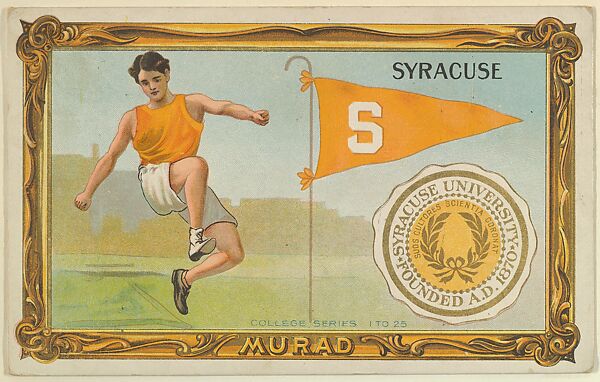 Syracuse University, version one, part of the College Series cabinet cards (T6), Murad Cigarettes, Chromolithograph with hand-coloring 