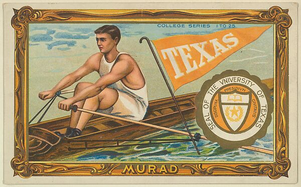 Texas University, version one, part of the College Series cabinet cards (T6), Murad Cigarettes, Chromolithograph with hand-coloring 