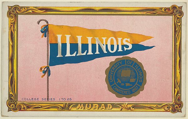 University of Illinois, version two, part of the College Series cabinet cards (T6), Murad Cigarettes, Chromolithograph with hand-coloring 
