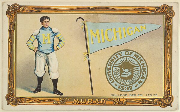 University of Michigan, version one, part of the College Series cabinet cards (T6), Murad Cigarettes, Chromolithograph with hand-coloring 