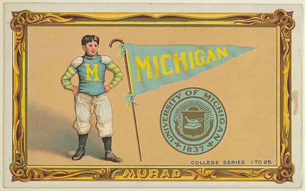 University of Michigan, version two, part of the College Series cabinet cards (T6), Murad Cigarettes, Chromolithograph with hand-coloring 