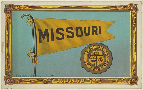 University of Missouri, version two, part of the College Series cabinet cards (T6), Murad Cigarettes, Chromolithograph with hand-coloring 