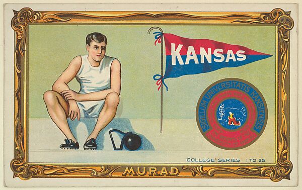 University of Kansas, version one, part of the College Series cabinet cards (T6), Murad Cigarettes, Chromolithograph with hand-coloring 