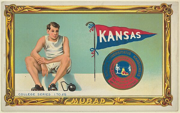 University of Kansas, version two, part of the College Series cabinet cards (T6), Murad Cigarettes, Chromolithograph with hand-coloring 