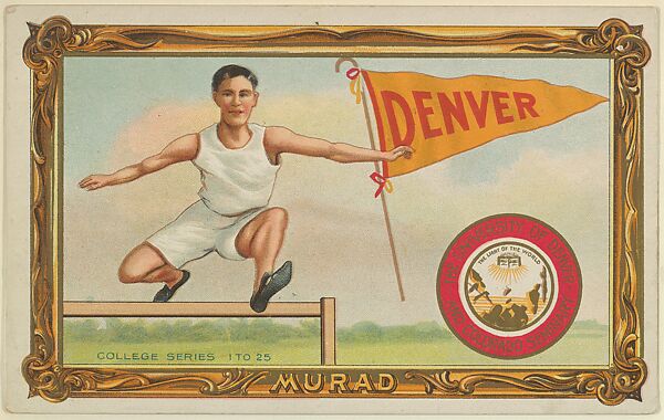 University of Denver, version one, part of the College Series cabinet cards (T6), Murad Cigarettes, Chromolithograph with hand-coloring 
