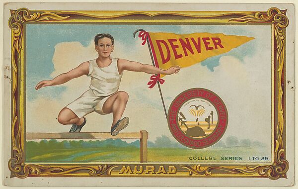University of Denver, version two, part of the College Series cabinet cards (T6), Murad Cigarettes, Chromolithograph with hand-coloring 