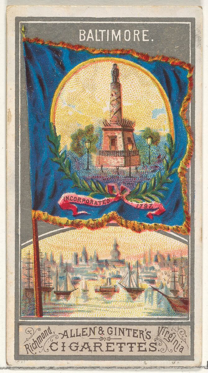 Baltimore, from the City Flags series (N6) for Allen & Ginter Cigarettes Brands, Issued by Allen &amp; Ginter (American, Richmond, Virginia), Commercial color lithograph 