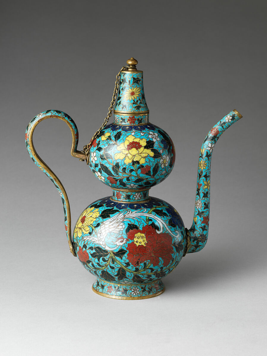 Double-gourd form ewer with birds and flowers, Cloisonné enamel, China