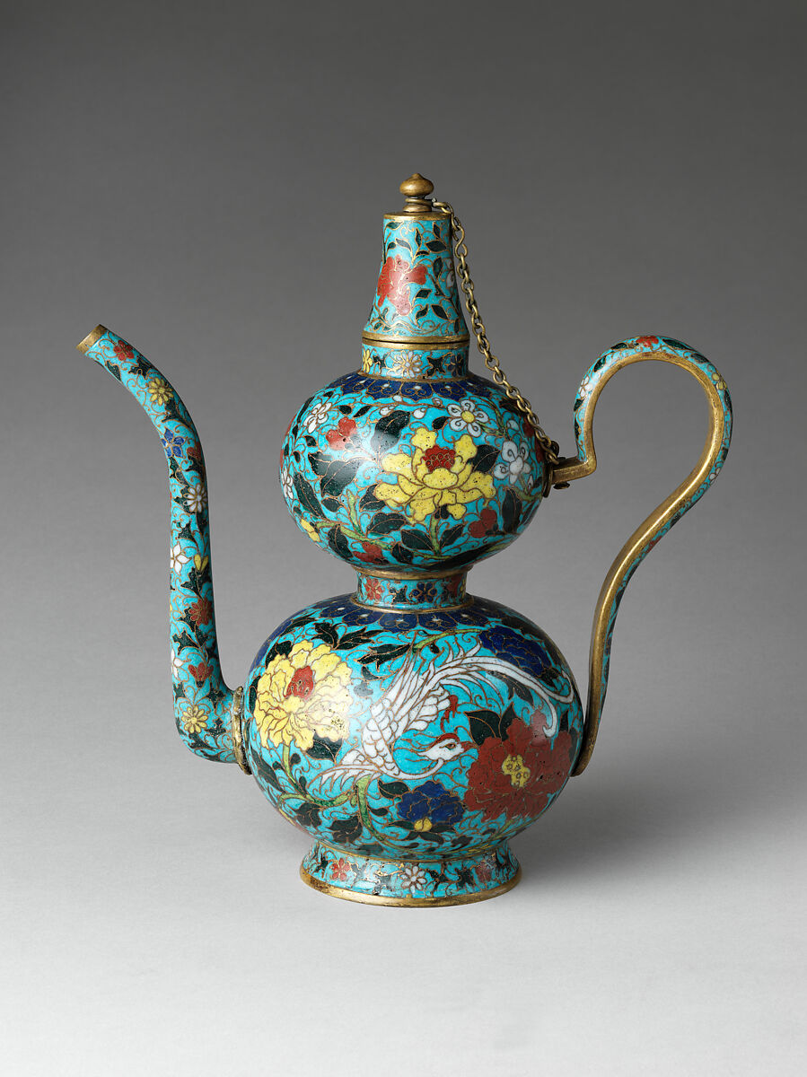 Double-gourd form ewer with birds and flowers, Cloisonné enamel, China 