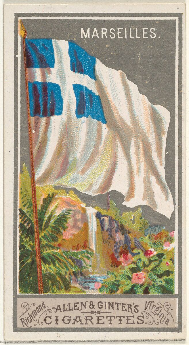 Marseilles, from the City Flags series (N6) for Allen & Ginter Cigarettes Brands, Issued by Allen &amp; Ginter (American, Richmond, Virginia), Commercial color lithograph 